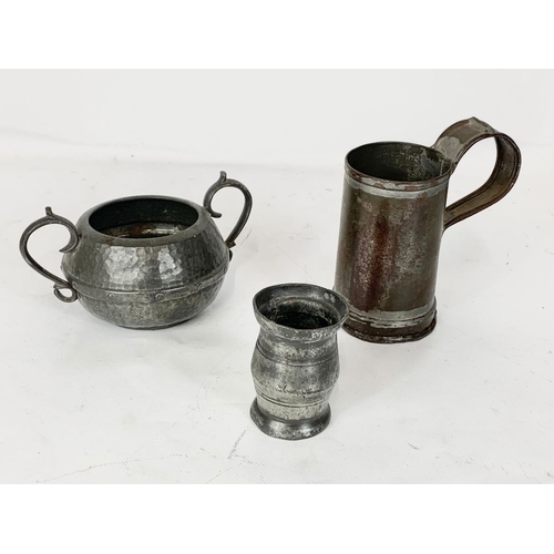 518 - 5 pieces of early 19th century pewter ware. Including a H. G. Long & Co LTD kettle 26 x 22cm.