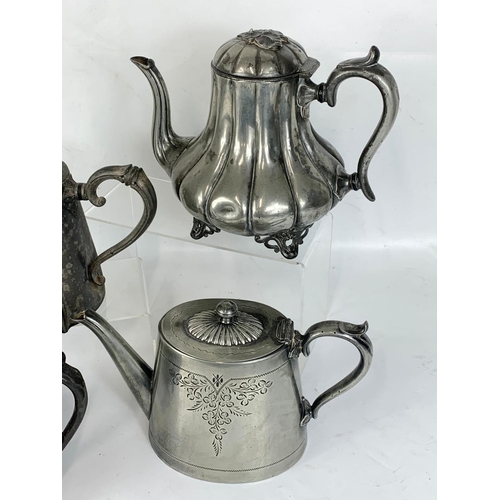 521 - 3 19th century pewter and silver plated kettles and an early 20th century Georgian style silver plat... 