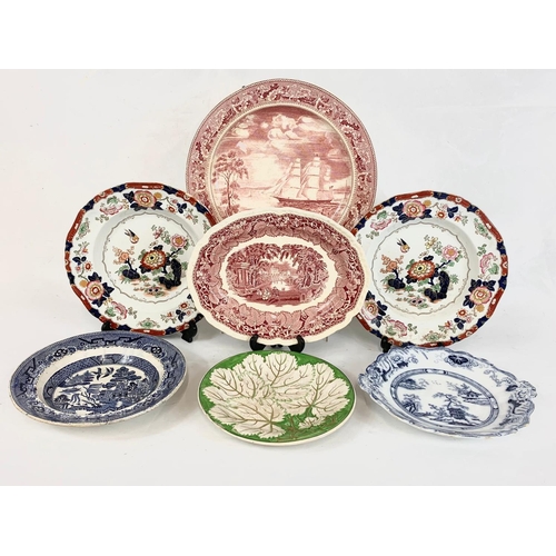 594 - A quantity of Victorian pottery. Including 10 Royal Crown Derby saucers, 2 Masons soup bowls 26cm, a... 