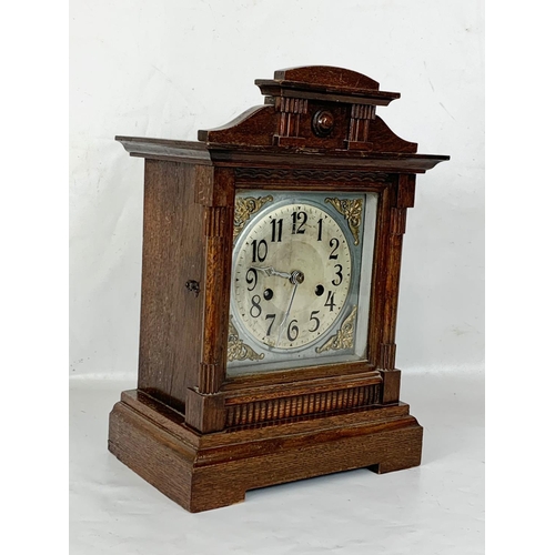 63 - A late 19th century Badische Uhrenfabrik German mantle clock with key and pendulum. 24.5 x 15.5 x 35... 