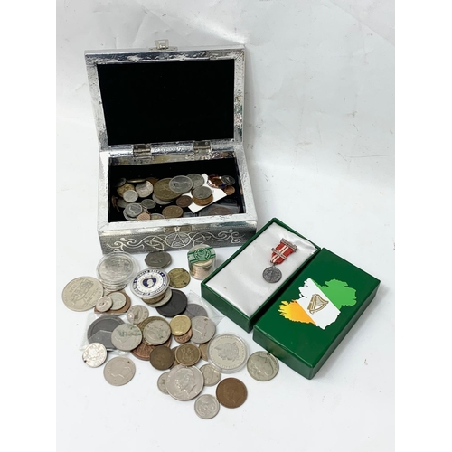 764 - A silver plated jewellery box with Georgian, Victorian and later coins etc