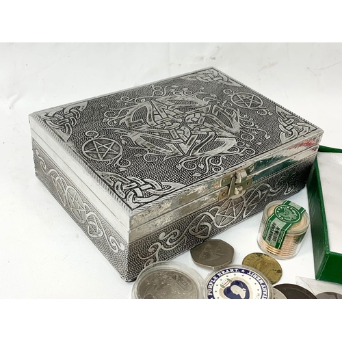 764 - A silver plated jewellery box with Georgian, Victorian and later coins etc