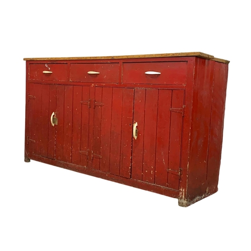 797 - A large Victorian painted pine counter with 3 drawers and 4 door cupboard. Circa 1890. 178 x 58 x 98... 