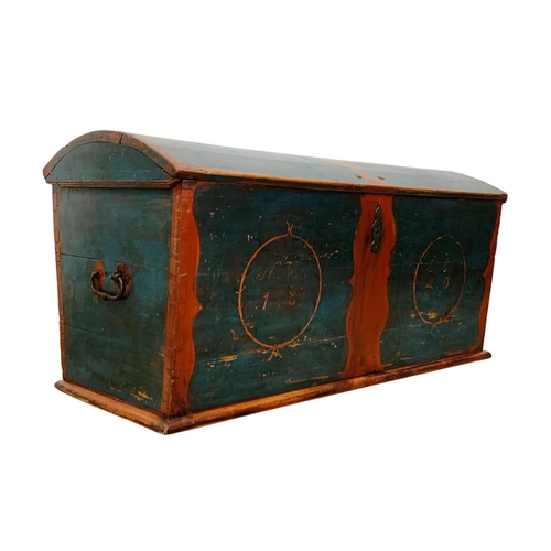 805 - A large mid 19th century painted pine dome top trunk. Circa 1840-1850. 128 x 45.5 x 61cm.