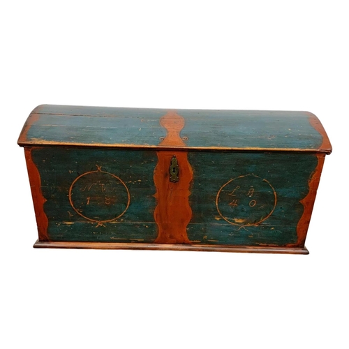 805 - A large mid 19th century painted pine dome top trunk. Circa 1840-1850. 128 x 45.5 x 61cm.