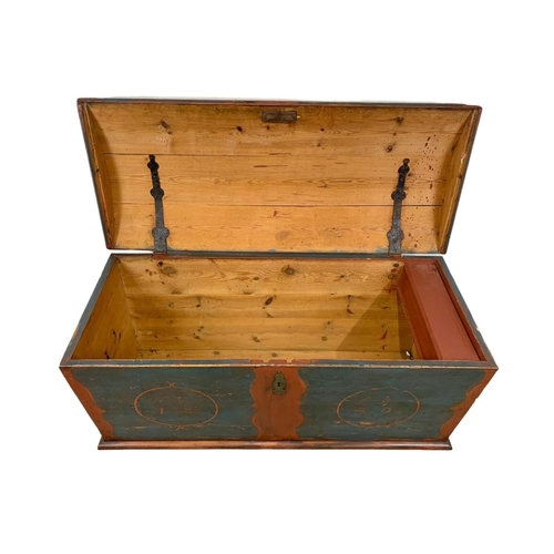 805 - A large mid 19th century painted pine dome top trunk. Circa 1840-1850. 128 x 45.5 x 61cm.