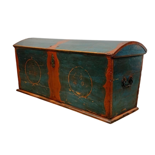 805 - A large mid 19th century painted pine dome top trunk. Circa 1840-1850. 128 x 45.5 x 61cm.