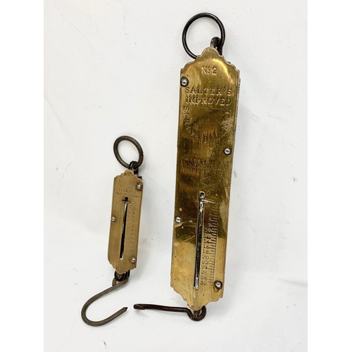 81 - 3 Vintage Salter spring balance scales. Largest 77cm including hook.