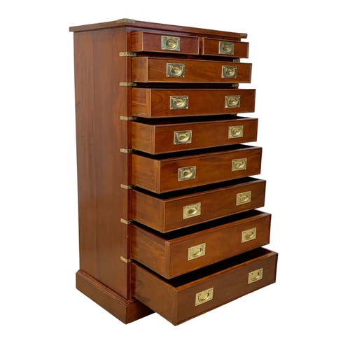 839 - A tall Campaign Military style mahogany brass bound chest of drawers. 74.5 x 45.5 x 132cm.