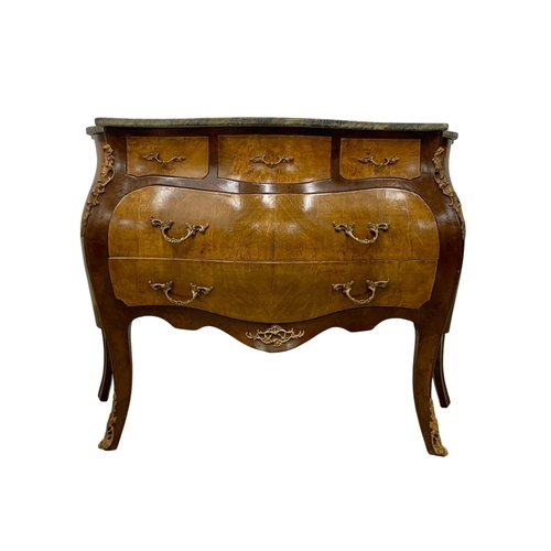 922 - A large 18th century style French marble top Bombe chest of drawers. 128 x 59 x 91cm.