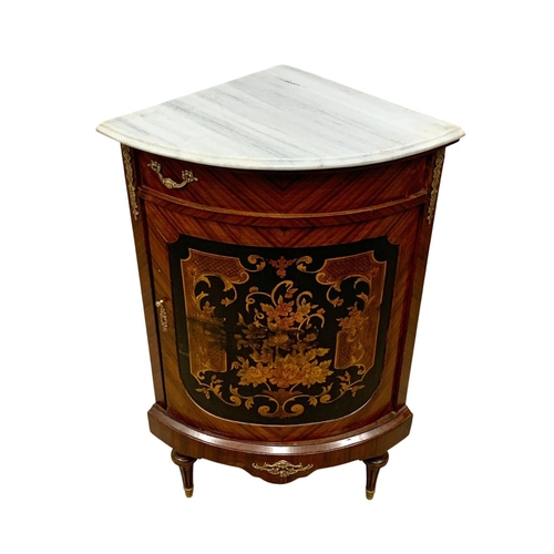 924 - An 18th century style French marble top corner cabinet with sliding drawer. 74 x 52 x 114.5cm.