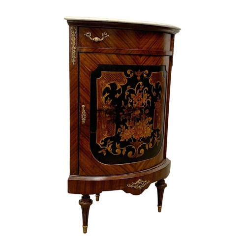 924 - An 18th century style French marble top corner cabinet with sliding drawer. 74 x 52 x 114.5cm.