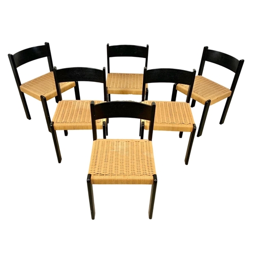 939 - A set of 6 Danish ‘Faeroe’ range dining chairs with woven paper cord seats. Mid Century.