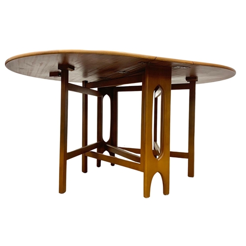 915g - A Jentique teak Mid Centuryy drop leaf dining table and 6 chairs with black vinyl seats. Open 154.5 ... 