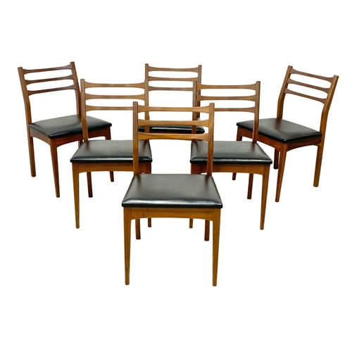 915g - A Jentique teak Mid Centuryy drop leaf dining table and 6 chairs with black vinyl seats. Open 154.5 ... 