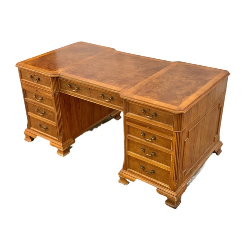 1185 - A large Georgian style elm and burr elm pedestal desk. 163 x 84 x 77cm