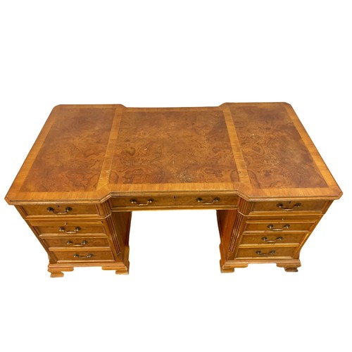 1185 - A large Georgian style elm and burr elm pedestal desk. 163 x 84 x 77cm