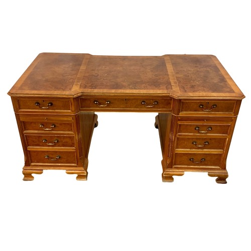 1185 - A large Georgian style elm and burr elm pedestal desk. 163 x 84 x 77cm