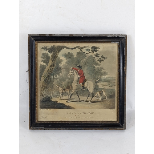 66 - A framed Georgian hunting print. Without frame 26x25.5cm, with frame 30x29.5cm