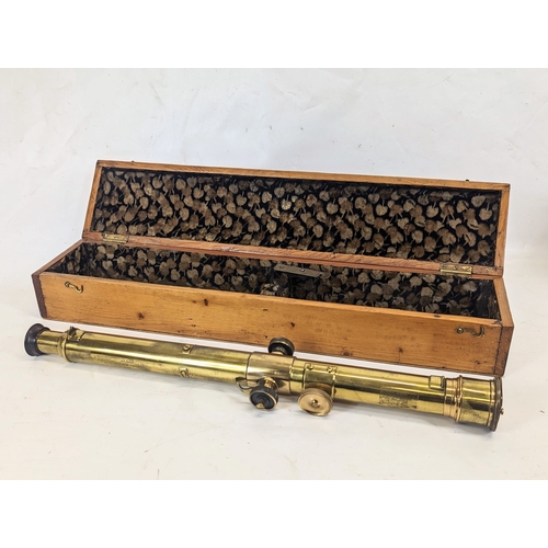 100 - An early 20th century brass telescope by Joseph Hicks, marked 8.9 & 10 Hatton Garden, London, in cas... 