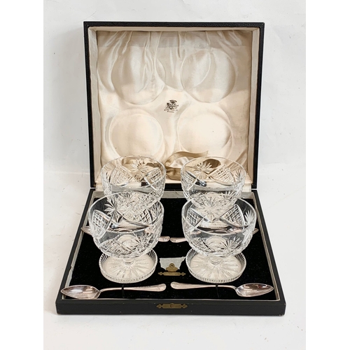 4 crystal dessert bowls with silver plated spoons by Dublin maker.