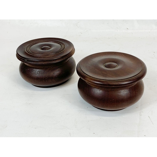 273 - A near pair of wooden spice jars with lids. 14 x 8cm