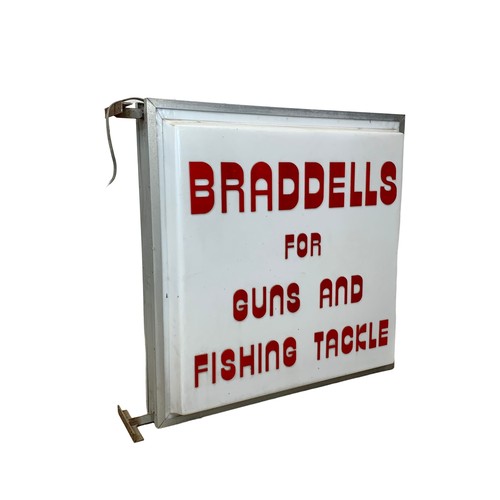 60 - A large vintage light up display sign. Braddells for Guns & Fishing Tackle. 109 x 105cm.