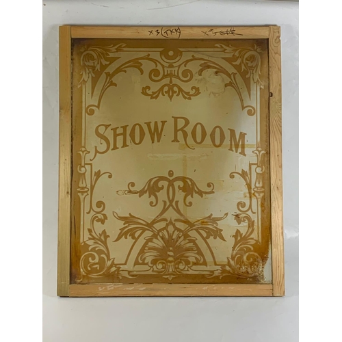 385I - A late 19th century stained glass panel “Show Room” 74 x 90cm