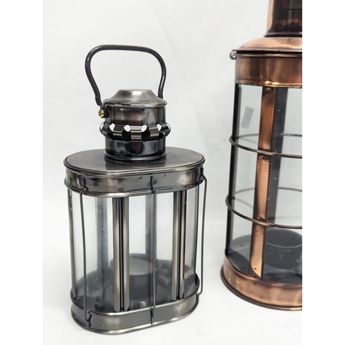 361 - A 1930s brass twist column lamp with 2 modern lanterns. 48cm.