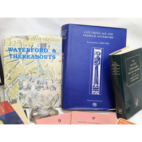 376 - Quantity of books and  pamphlets on Irish subject matter, with Galway Crystal decanter and Irish coi... 