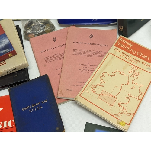 376 - Quantity of books and  pamphlets on Irish subject matter, with Galway Crystal decanter and Irish coi... 