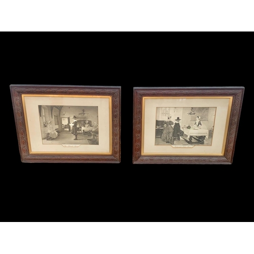 185A - 2 early 20th century oak framed prints. Circa 1900. Between Two Fires and The Black Sheep. 56 x 45cm... 