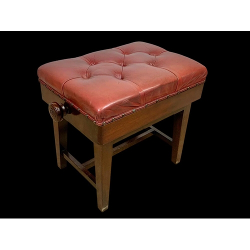 1148 - An Edwardian adjustable stool with red buttoned leather seat. 57 x 38 x 54cm fully adjusted.