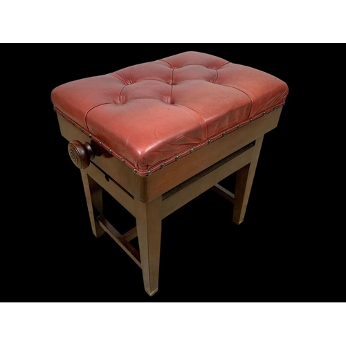 1148 - An Edwardian adjustable stool with red buttoned leather seat. 57 x 38 x 54cm fully adjusted.