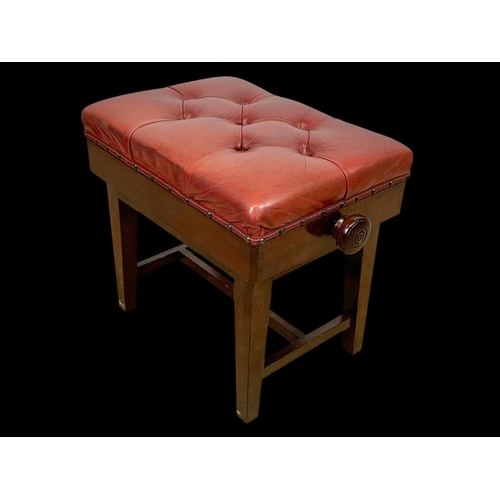 1148 - An Edwardian adjustable stool with red buttoned leather seat. 57 x 38 x 54cm fully adjusted.