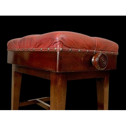 1148 - An Edwardian adjustable stool with red buttoned leather seat. 57 x 38 x 54cm fully adjusted.