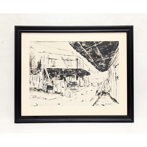 127 - A large pen and ink drawing by Palm Skerret. Without frame 61x48.5cm. With frame 68x55.5cm