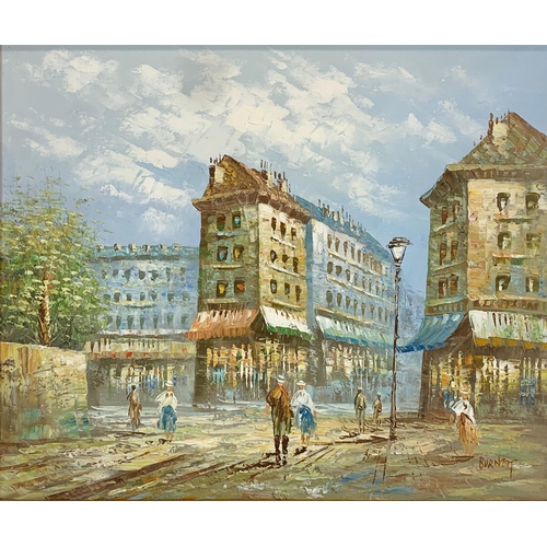 101 - An oil painting by Caroline Burnett. Paris street scene. Painting measures 60 x 50cm. Frame measures... 