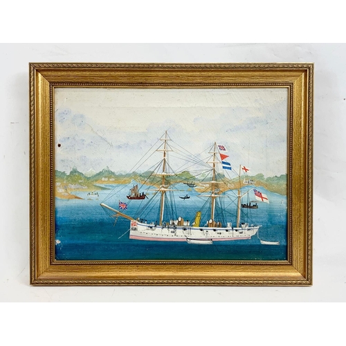 104 - A late 19th century oil painting of H.M.S Caroline, at Hong Kong 1895. Reframed. Painting measures 4... 