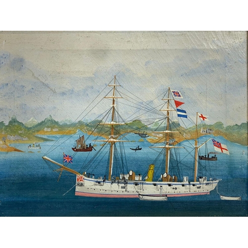 104 - A late 19th century oil painting of H.M.S Caroline, at Hong Kong 1895. Reframed. Painting measures 4... 