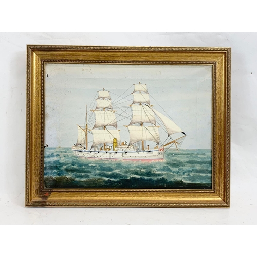 105 - A late 19th century oil painting of H.M.S Caroline. Hong Kong 1895. Reframed. Painting measures 40 x... 