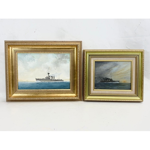 106 - 2 oil paintings of H.M.S Caroline, by Des Miller. Largest painting measures 34 x 24cm. Frame 50 x 5 ... 