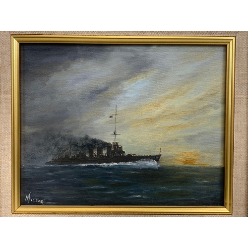 106 - 2 oil paintings of H.M.S Caroline, by Des Miller. Largest painting measures 34 x 24cm. Frame 50 x 5 ... 