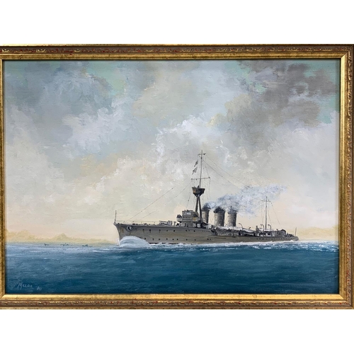 106 - 2 oil paintings of H.M.S Caroline, by Des Miller. Largest painting measures 34 x 24cm. Frame 50 x 5 ... 