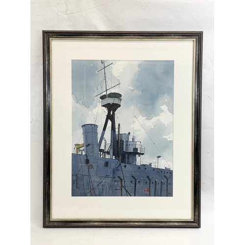 110 - A large watercolour painting of H.M.S Caroline, in Belfast Docks. Painting measures 45 x 60cm. Frame... 