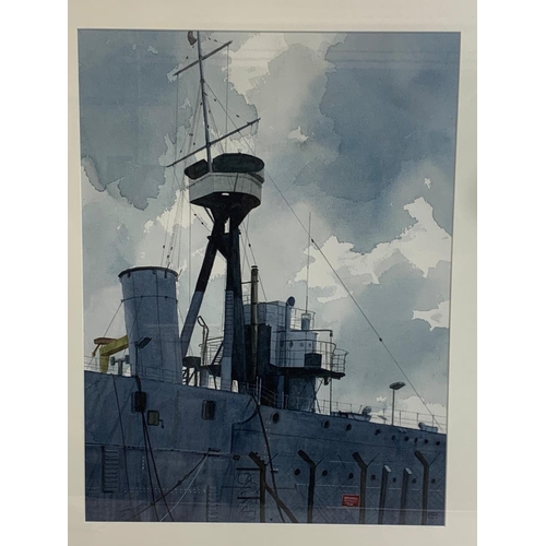 110 - A large watercolour painting of H.M.S Caroline, in Belfast Docks. Painting measures 45 x 60cm. Frame... 