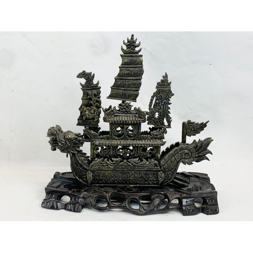 120 - A large early 20th century Chinese carved jade ship on wooden base. Circa 1900. 38 x 36cm.