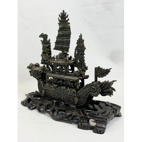 120 - A large early 20th century Chinese carved jade ship on wooden base. Circa 1900. 38 x 36cm.