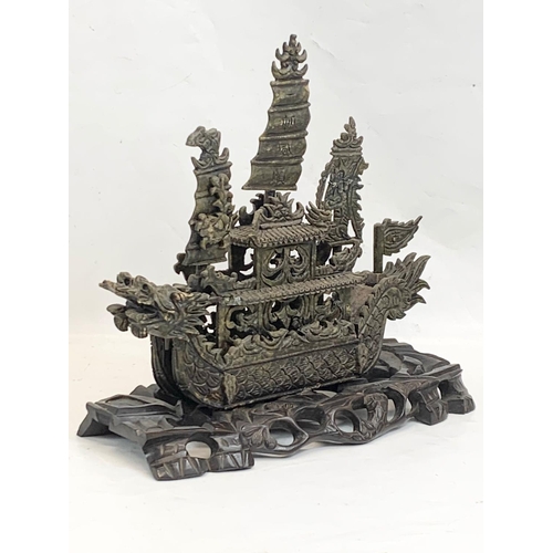 120 - A large early 20th century Chinese carved jade ship on wooden base. Circa 1900. 38 x 36cm.