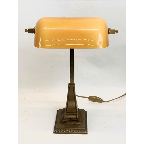 123 - A tall brass continental bankers desk lamp, with glass shade. 30 x 39cm